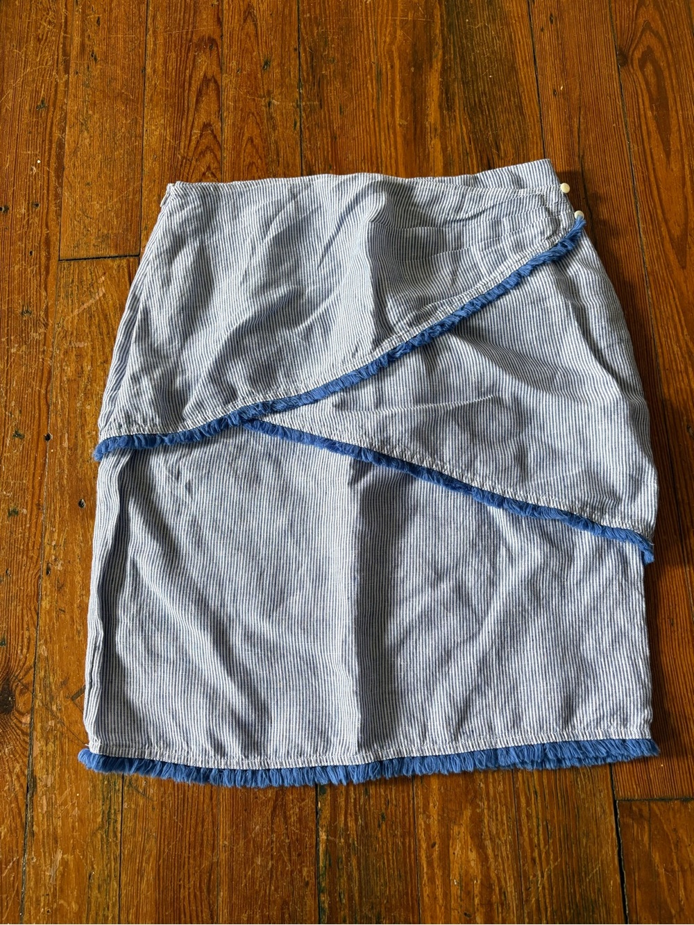 J. McLaughlin Light Blue and White Striped Fringe Wrap Mini Skirt